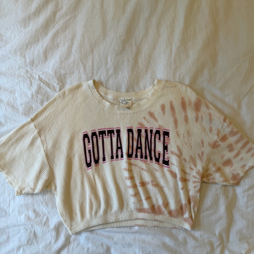 aerie Cropped Waffle-Knit Tee with Tie-Dye Cream Size M